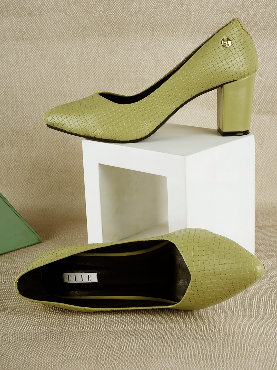 

ELLE Textured Pointed Toe Block Pumps, Green