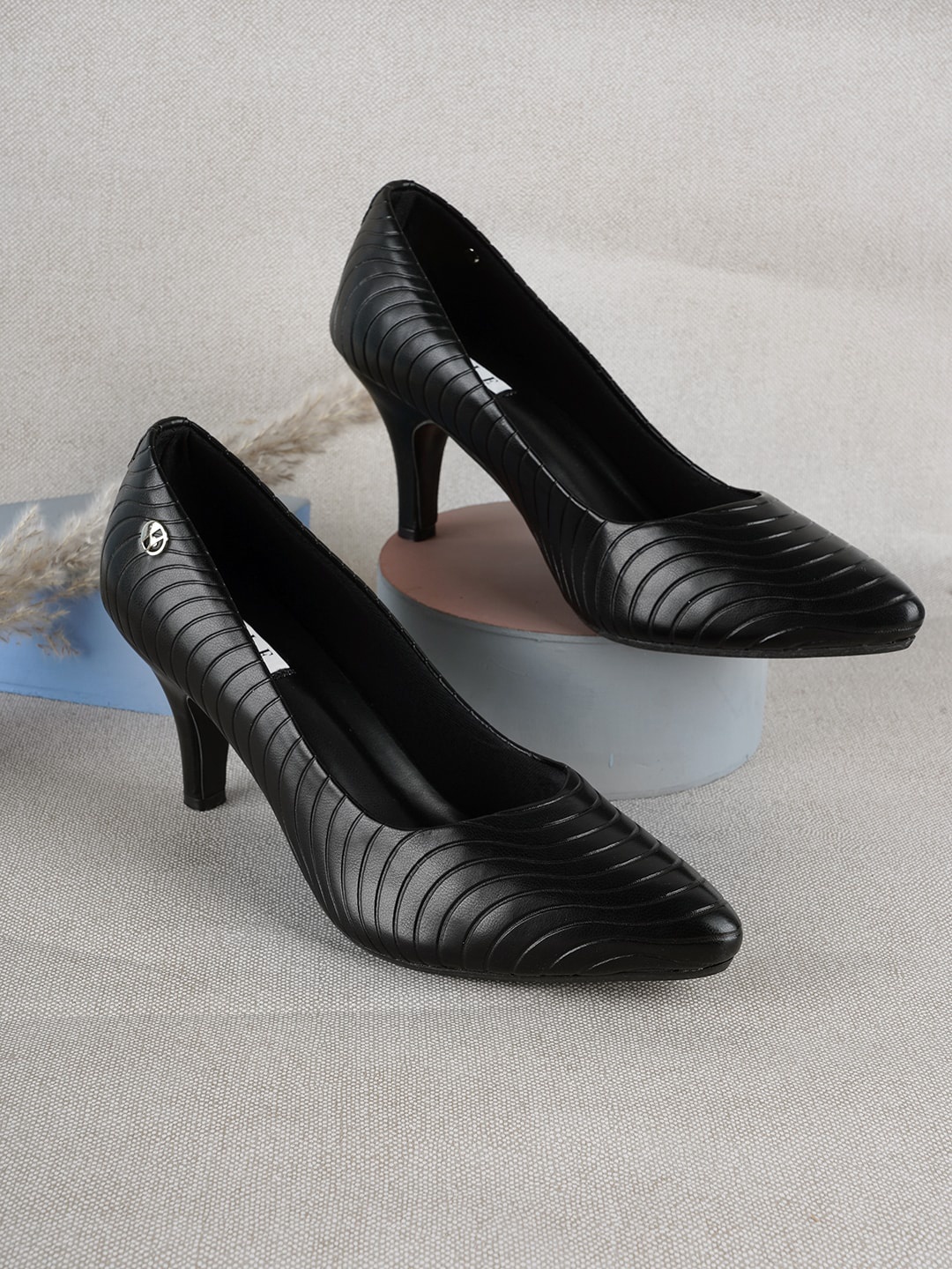 

ELLE Textured Pointed Toe Slim Pumps, Black