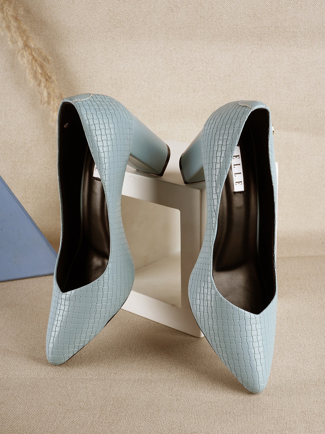 

ELLE Textured Pointed Toe Block Pumps, Blue