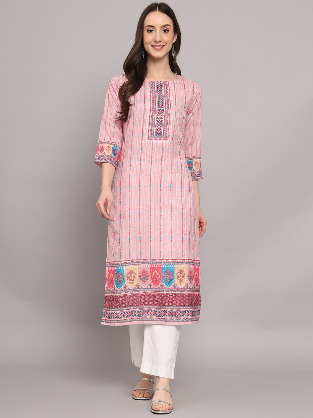 

Myshka Striped Printed Sequined Cotton Straight Kurta, Pink