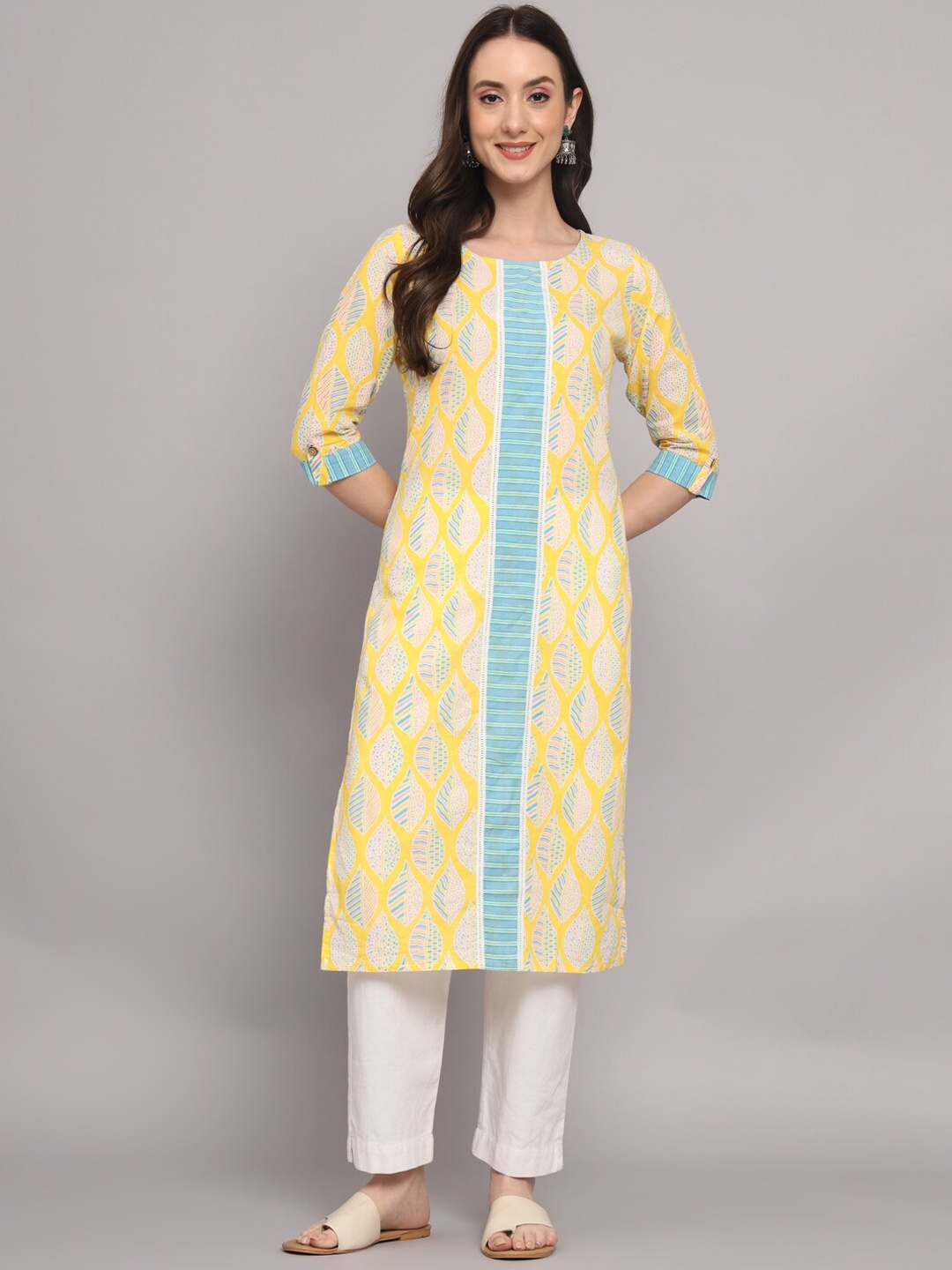 

Myshka Ethnic Motifs Printed Straight Cotton Kurta, Yellow