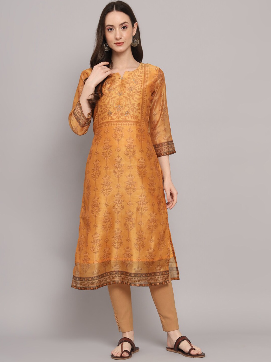 

Myshka Ethnic Motifs Printed Notched Neck Chanderi Silk Kurta, Mustard