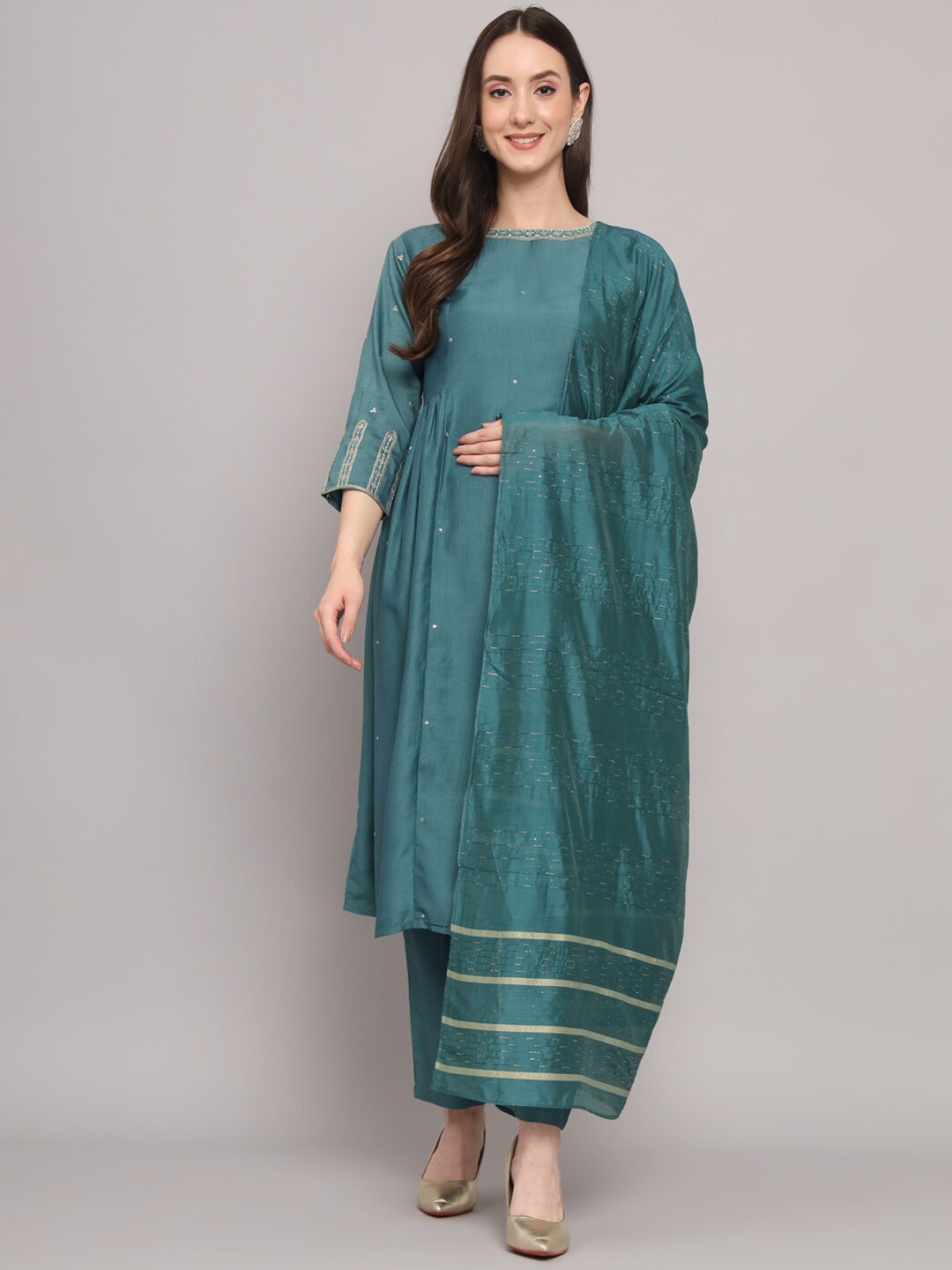 

Myshka Embroidered Boat Neck Pleated A-Line Silk Kurta With Trousers & Dupatta, Green