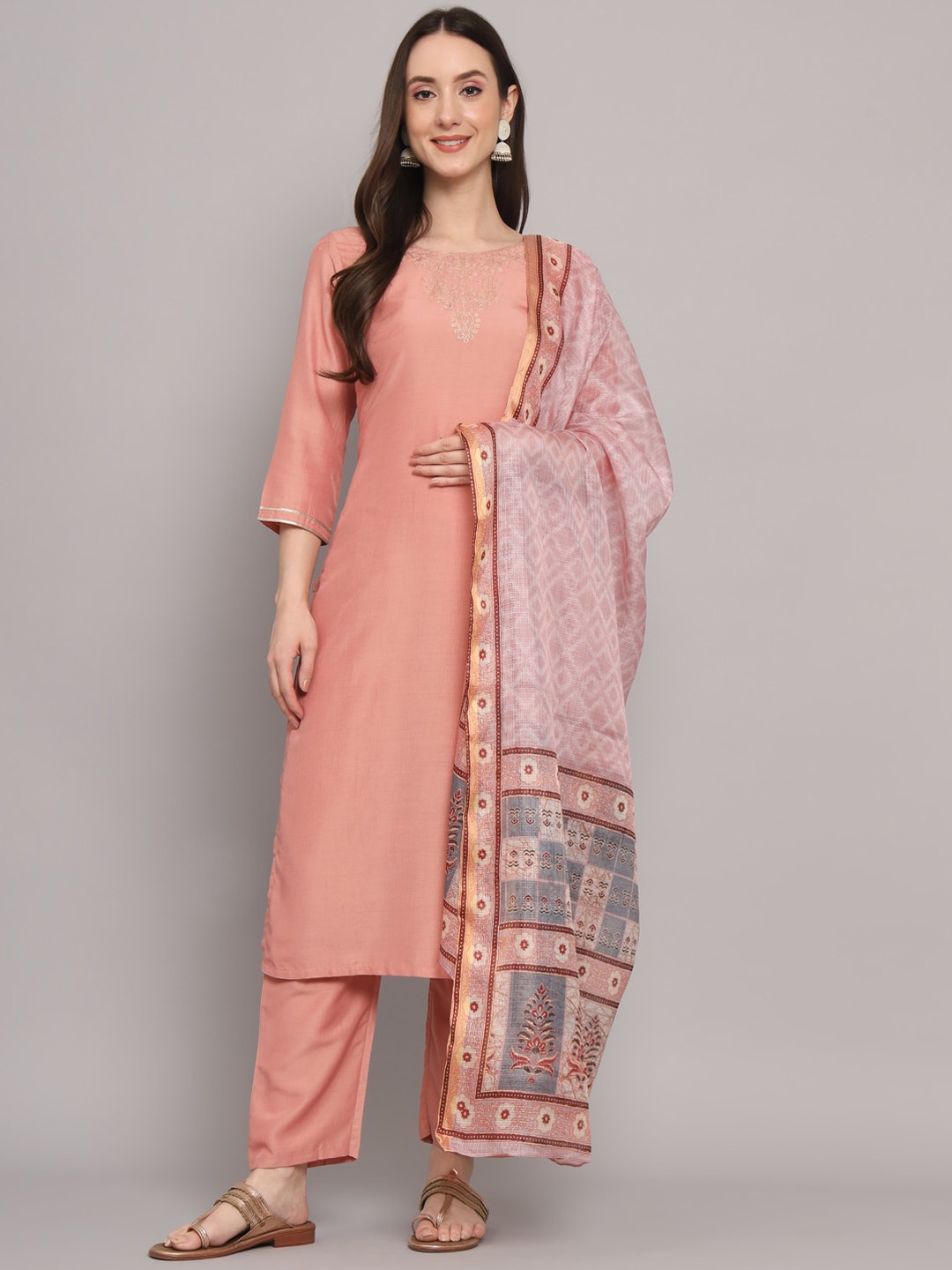 

Myshka Round Neck Straight Silk Kurta With Trousers & Dupatta, Peach