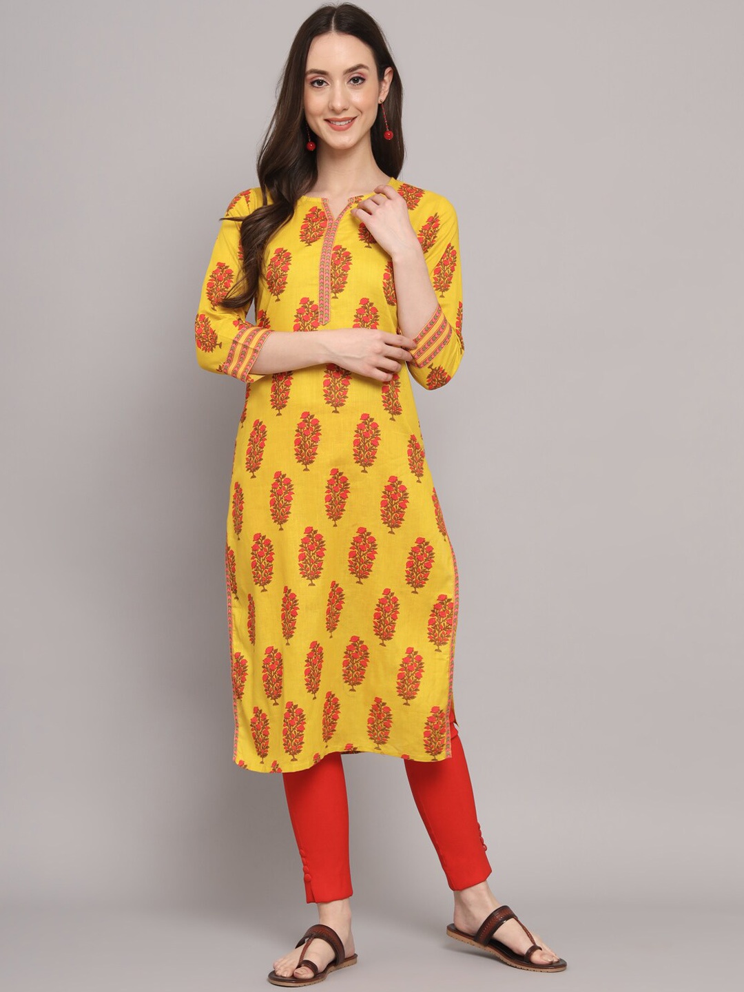 

Myshka Floral Printed Notched Neck Straight Cotton Kurta, Mustard