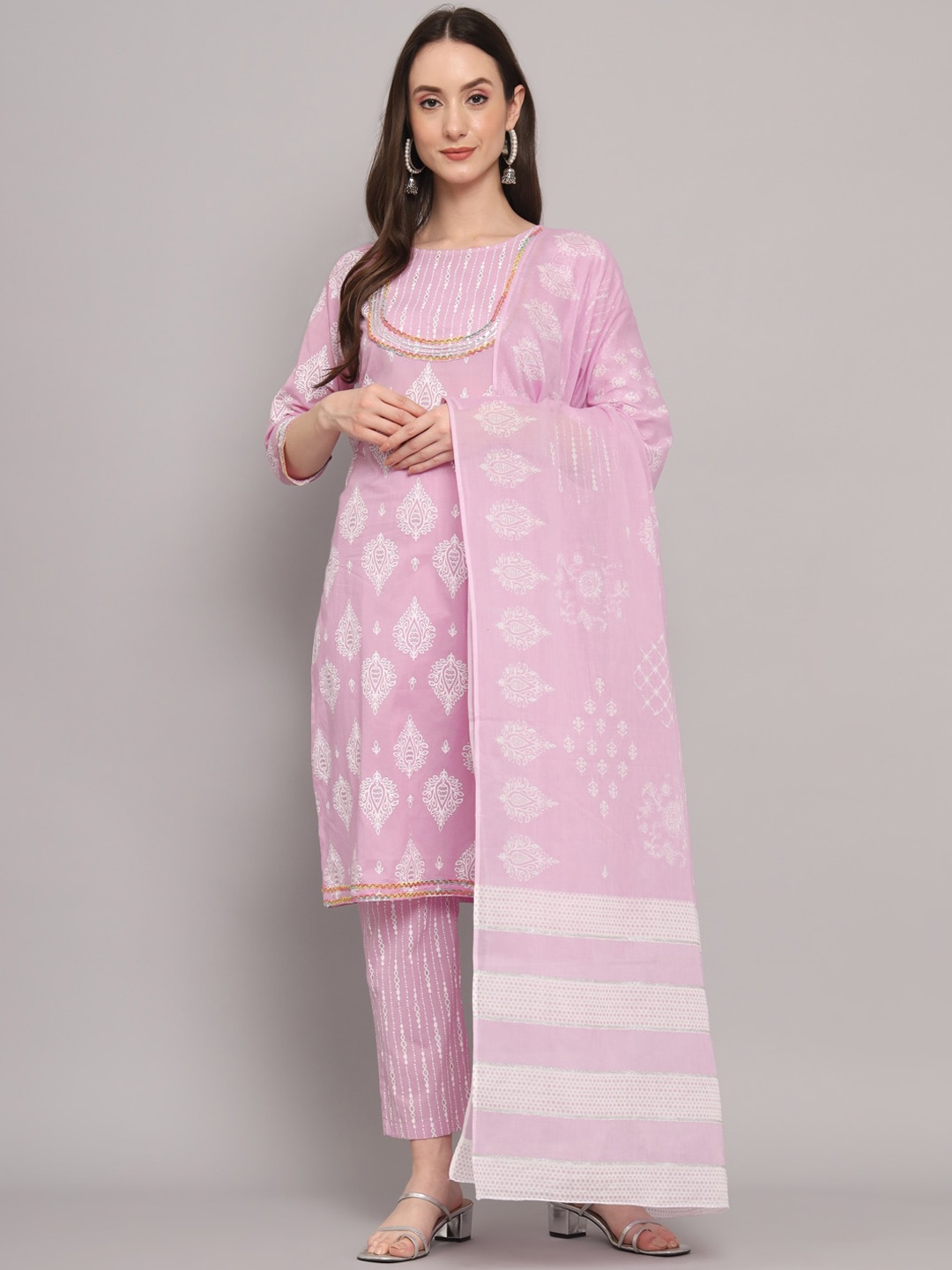 

Myshka Ethnic Motifs Printed Straight Pure Cotton Kurta With Trousers & Dupatta, Pink