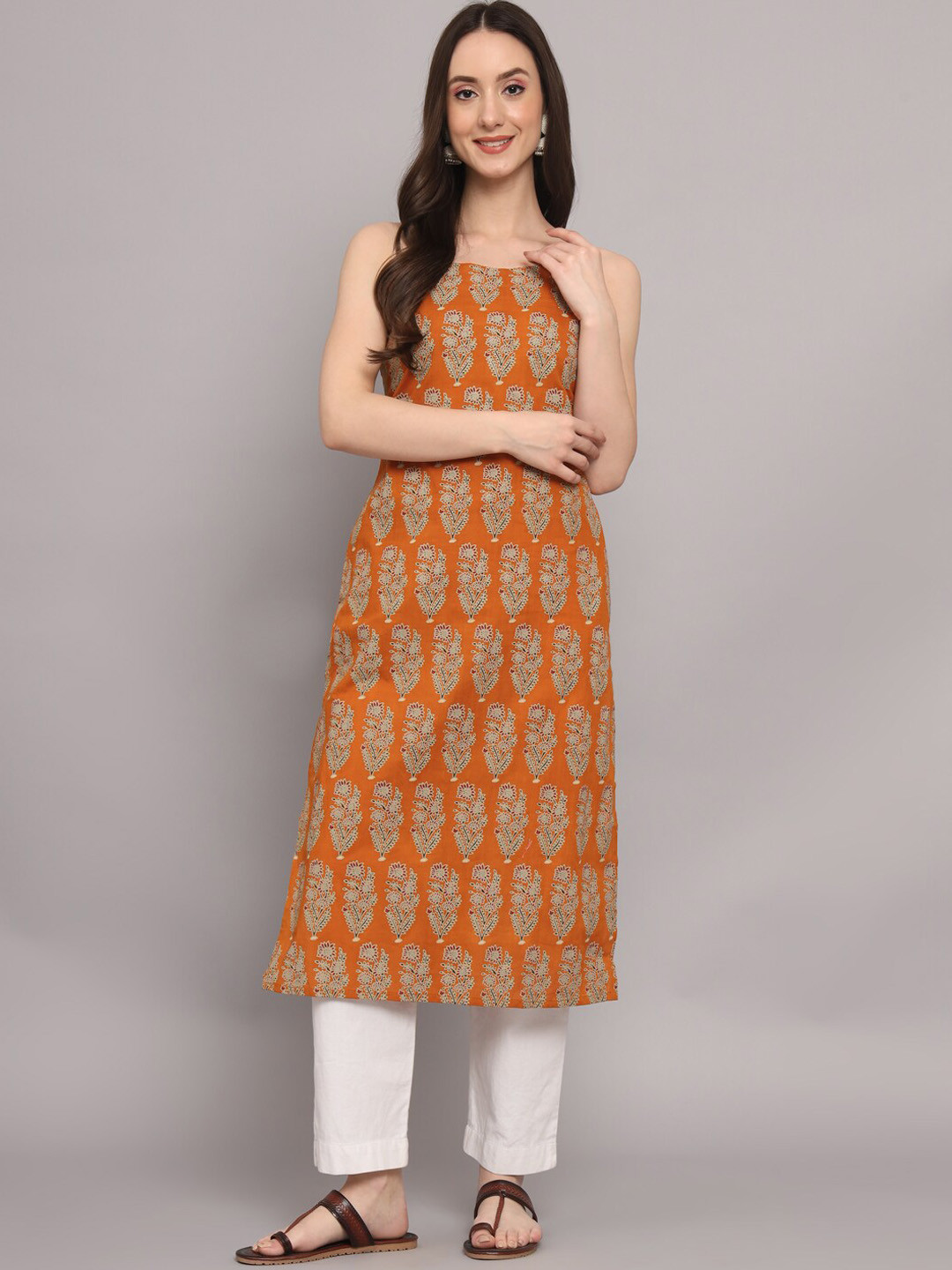 

Myshka Ethnic Motifs Printed Sleeveless Straight Cotton Kurta, Orange