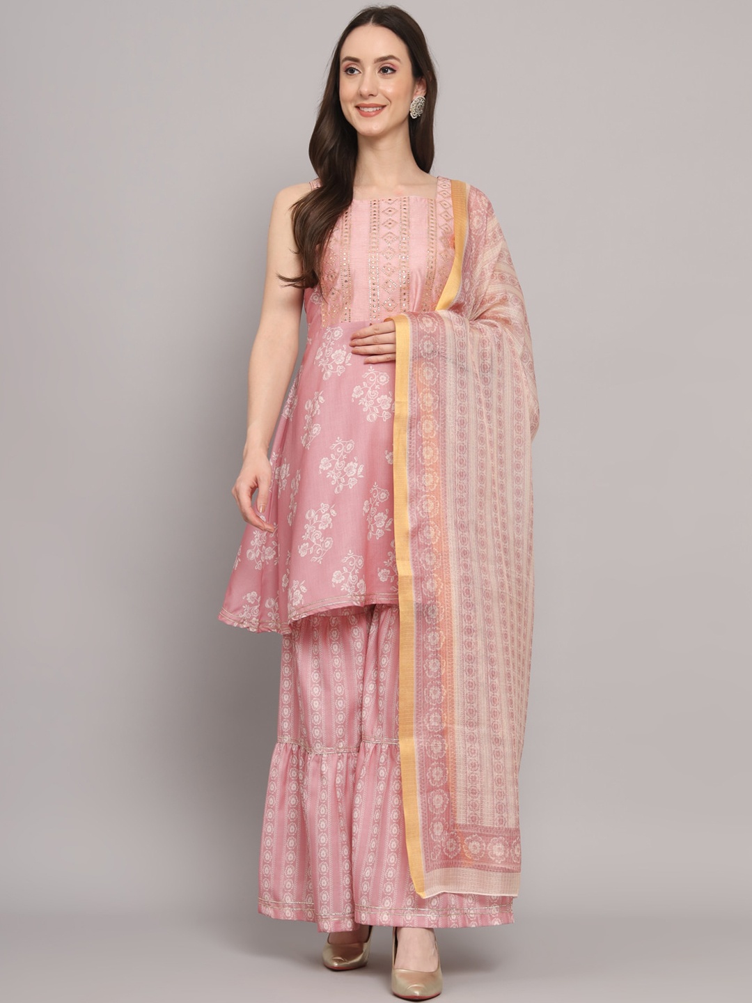 

Myshka Floral Printed Sleeveless A-Line Kurta With Sharara & Dupatta, Peach