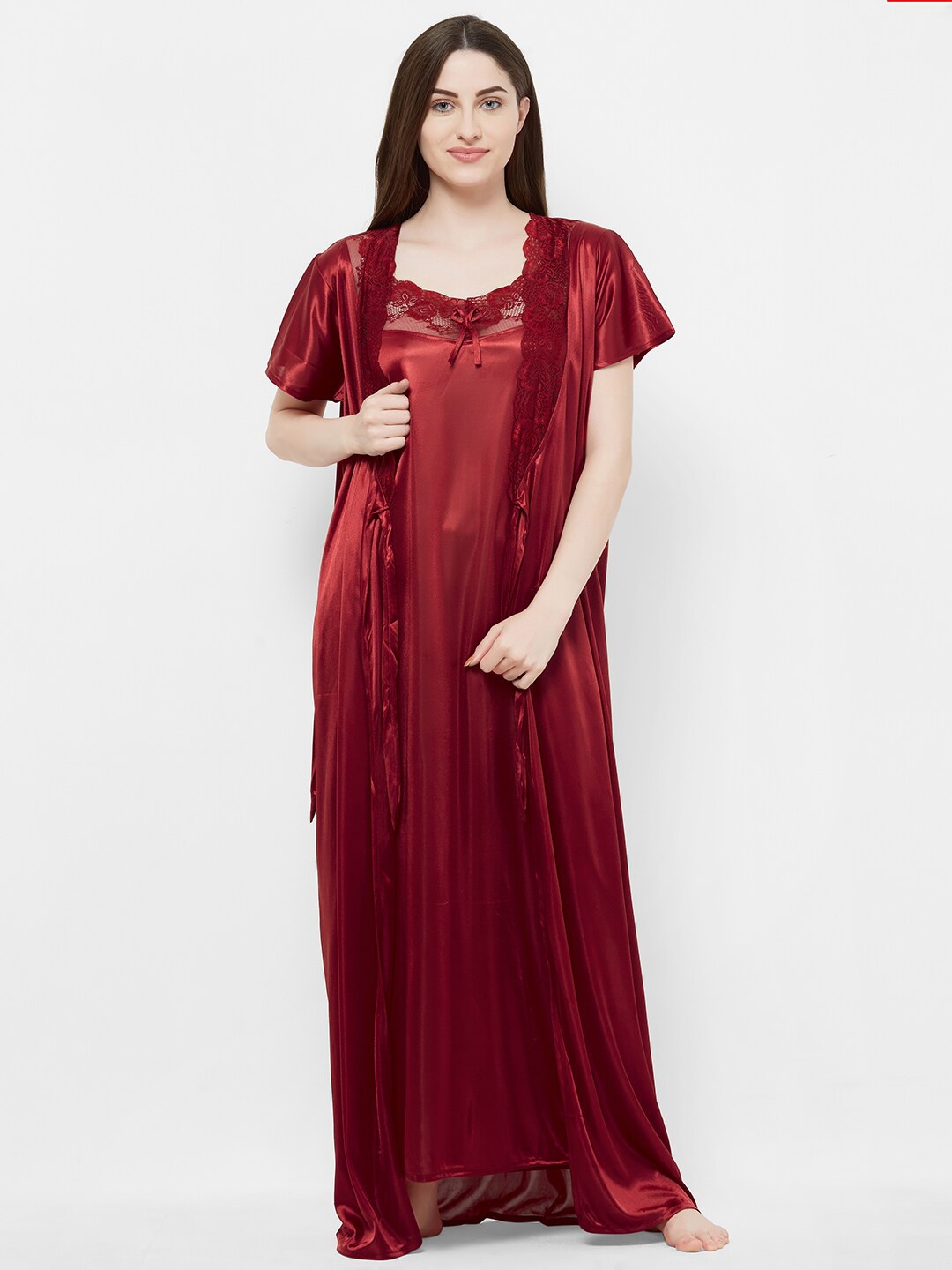 

NOIRA Satin Maxi Nightdress with Robe, Maroon