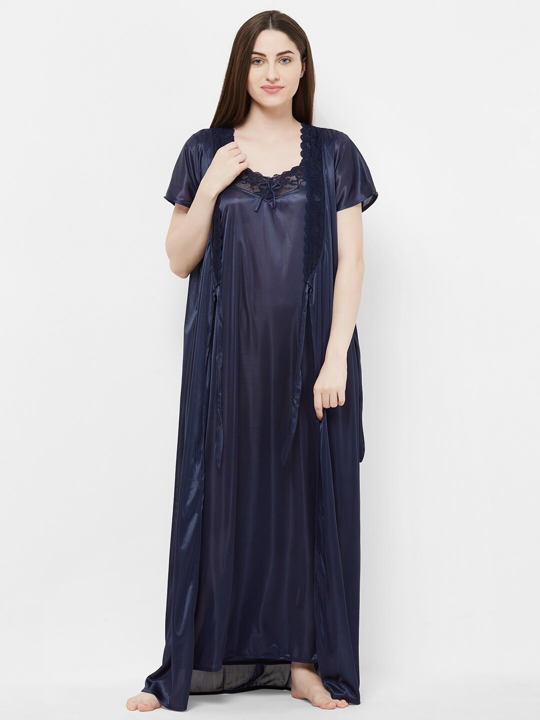 

NOIRA Satin Maxi Nightdress with Robe, Navy blue