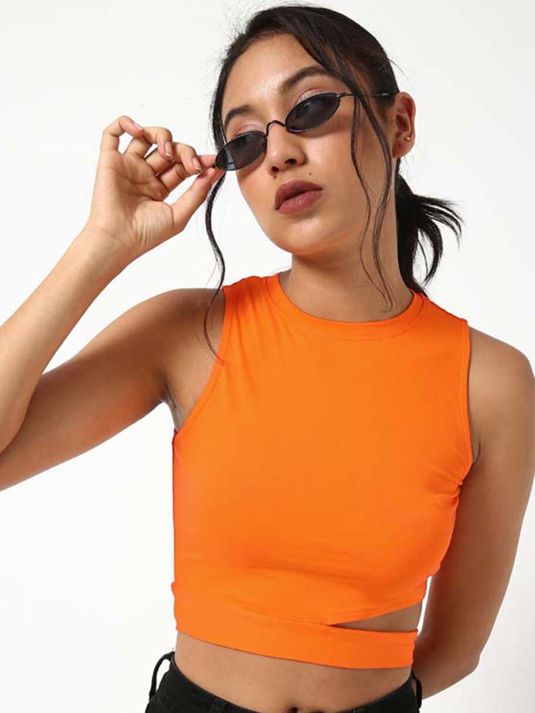 

IZF Round Neck Cut Outs Crop Top, Orange
