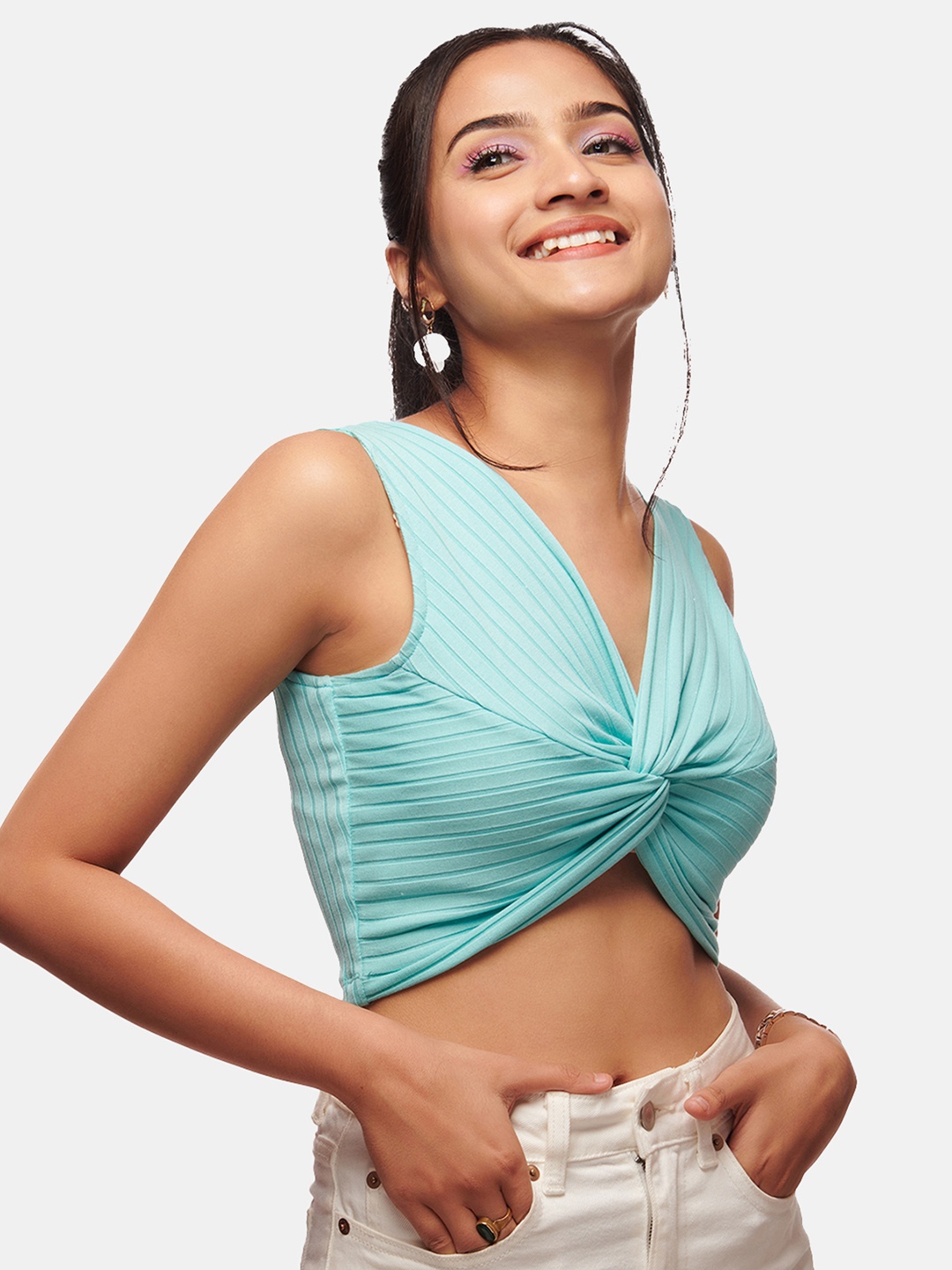 

IZF V-Neck Twisted Fitted Crop Top, Blue