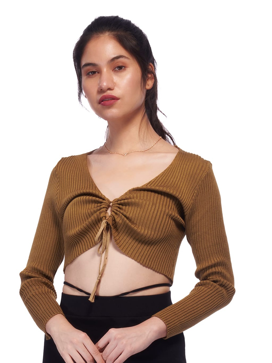 

IZF V-Neck Tie-Up Detail Fitted Crop Wool Top, Green