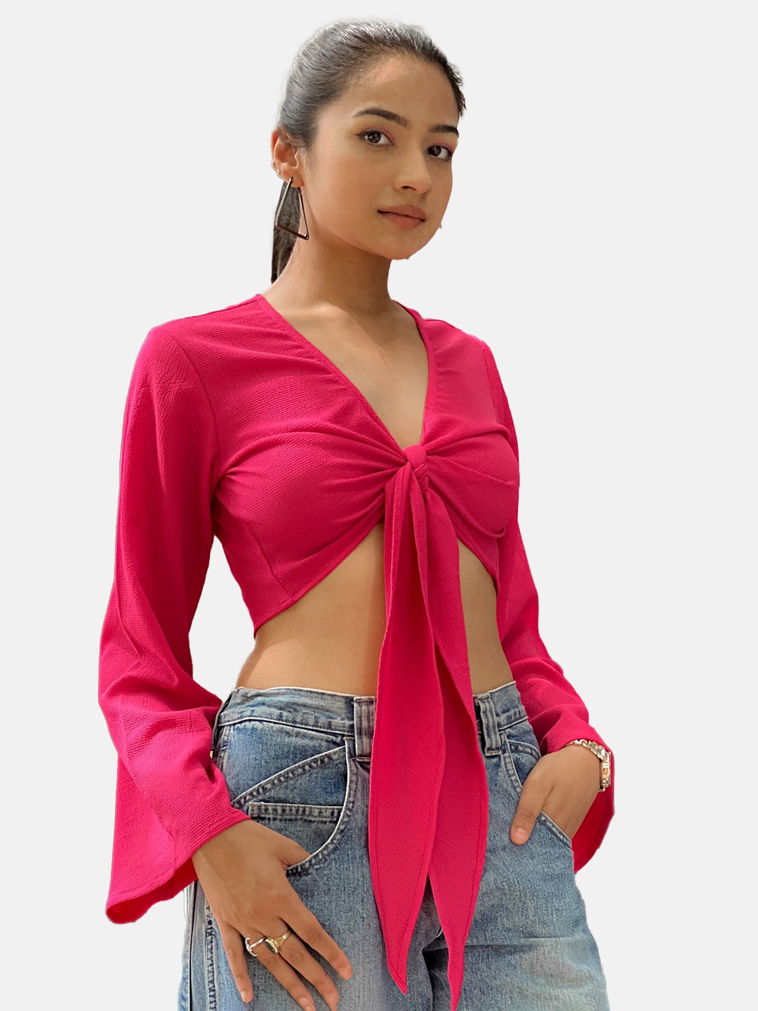 

IZF V-Neck Front Tie-Up Bell Sleeves Crop Top, Pink