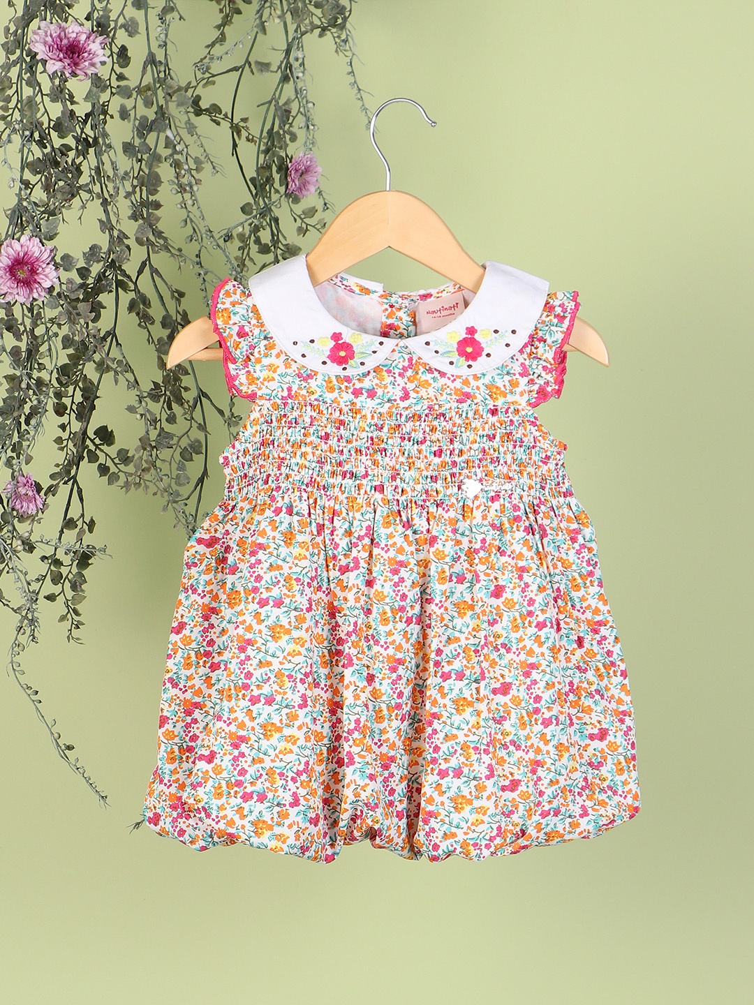 

Nauti Nati Girls Floral Printed Smocked Peter Pan Collar Balloon Dress, White