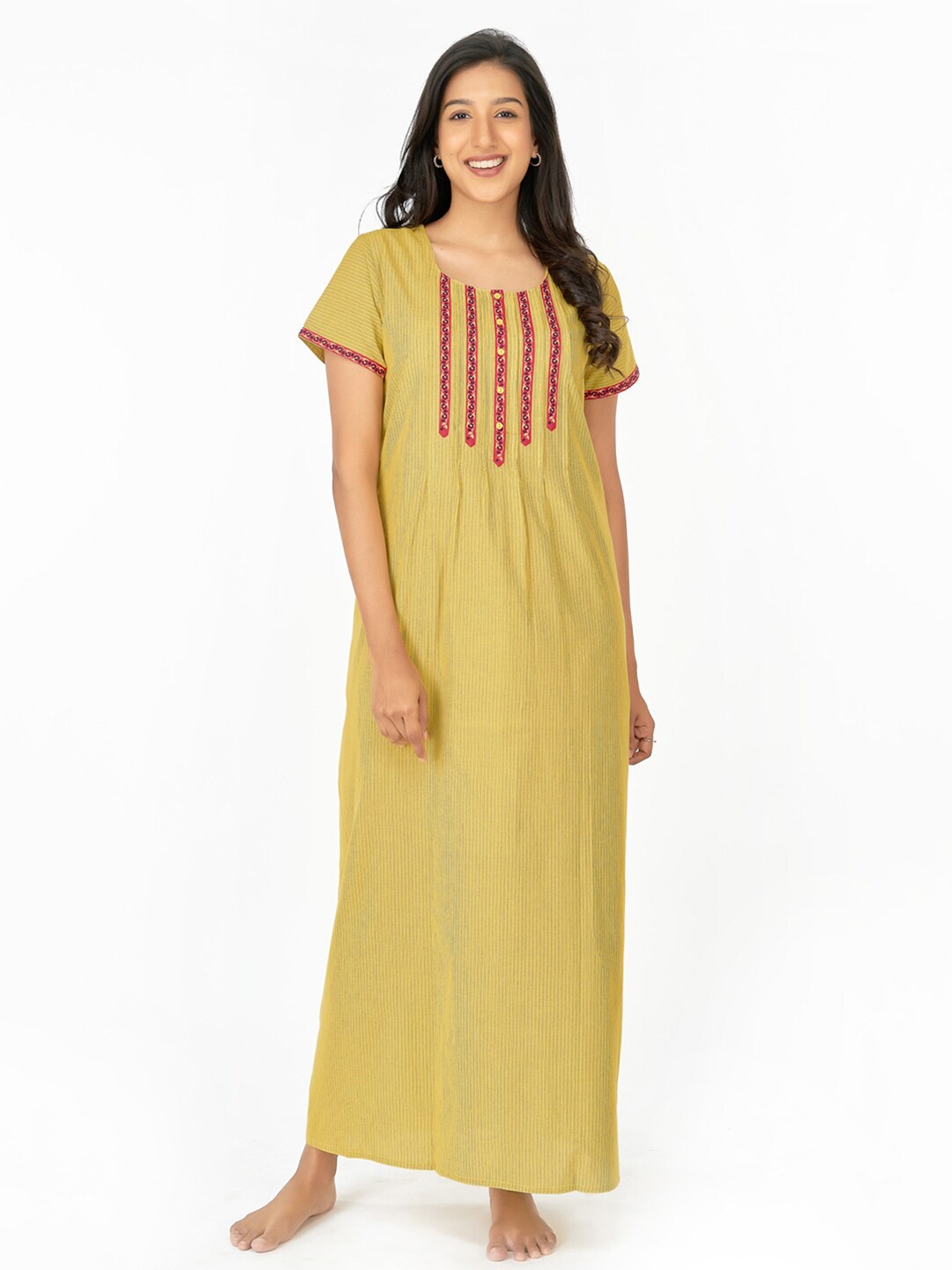 

Maybell Floral Embroidered Pure Cotton Maxi Nightdress, Yellow