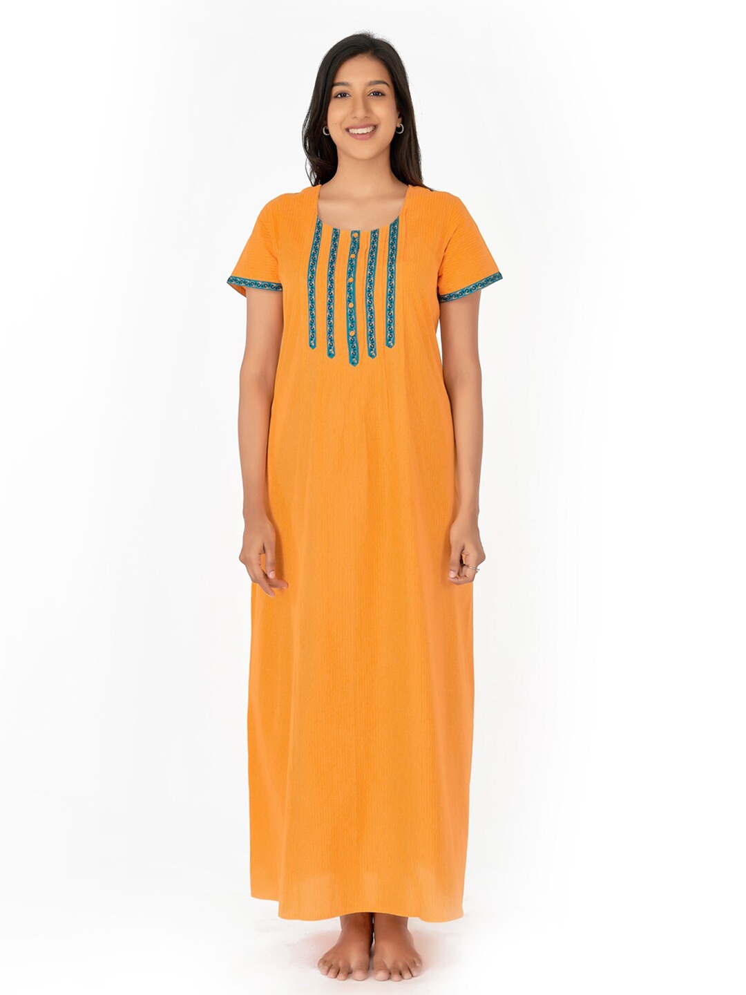 

Maybell Floral Embroidered Pure Cotton Maxi Nightdress, Orange