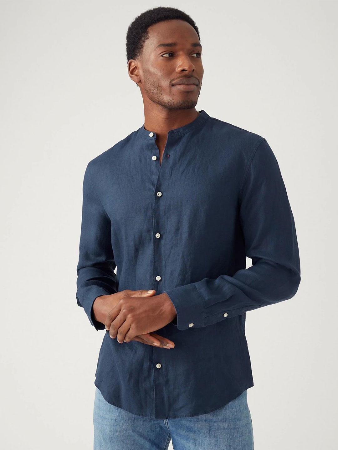 

Marks & Spencer Band Collar Pure Linen Casual Shirt, Navy blue