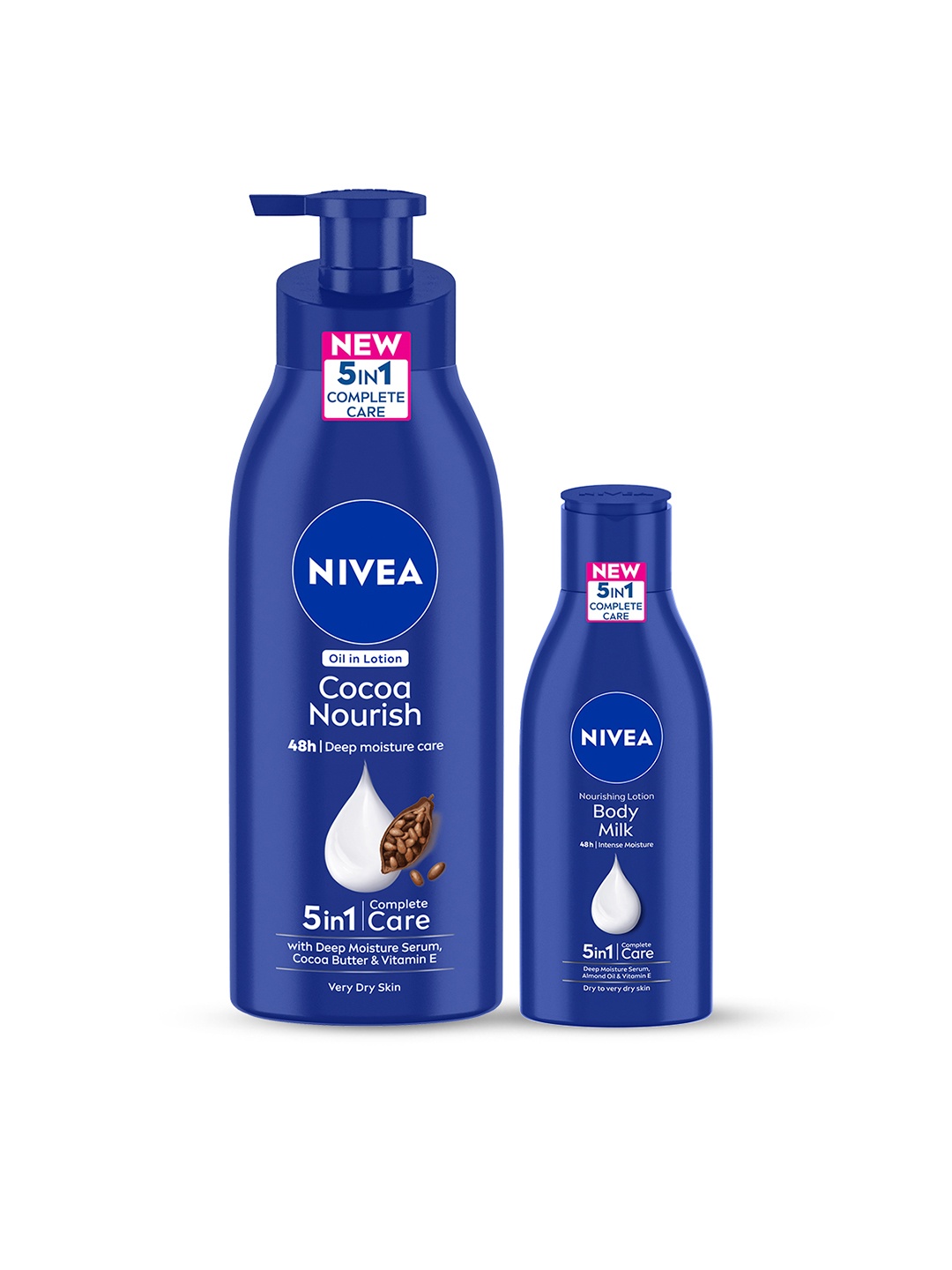 

Nivea 5-In-1 Complete Care Cocoa Nourish Body Lotion 400ml & Nourishing Body Milk 120ml, Navy blue