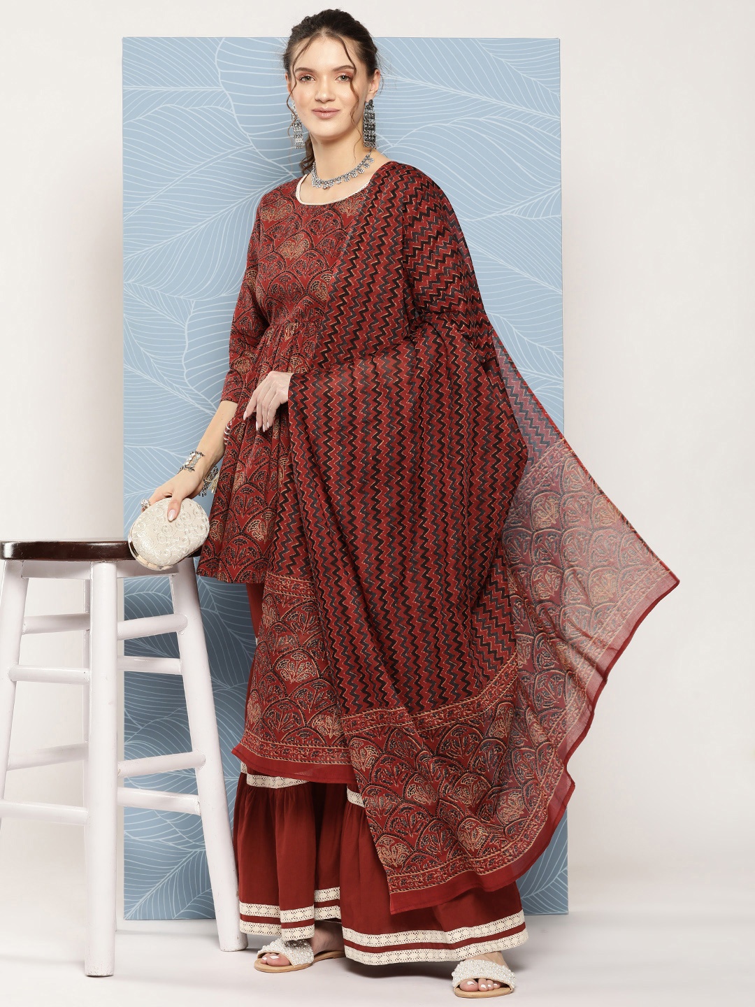 

InWeave Floral Printed Pure Cotton Kurta with Sharara & With Dupatta, Rust