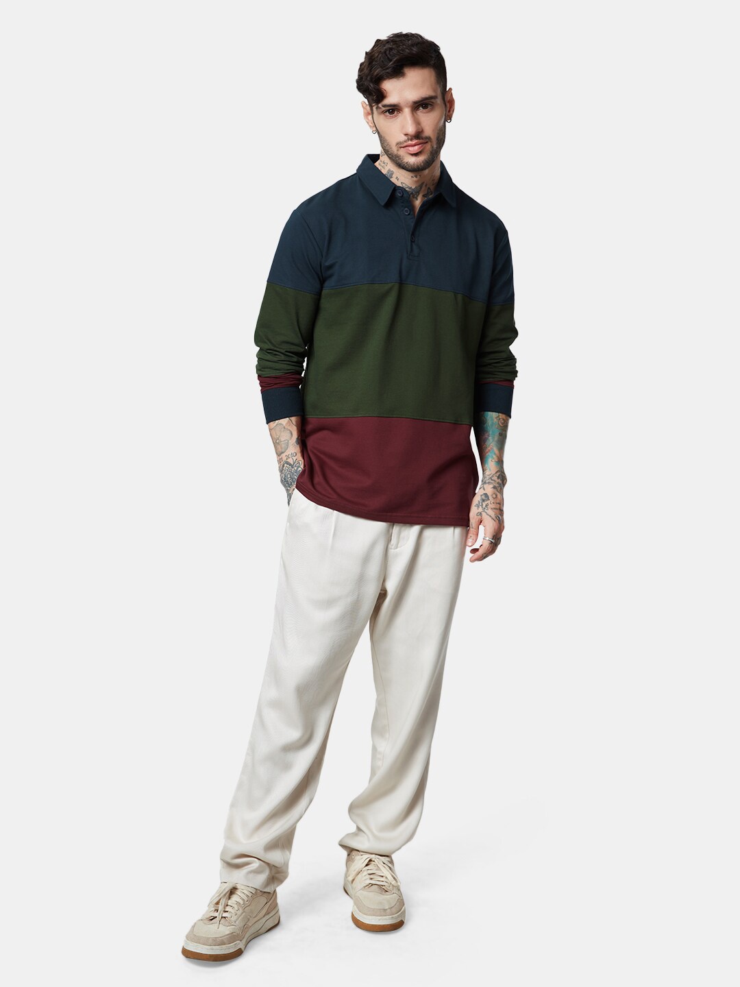 

The Souled Store Colourblocked Polo Collar Pure Cotton T-shirt, Olive