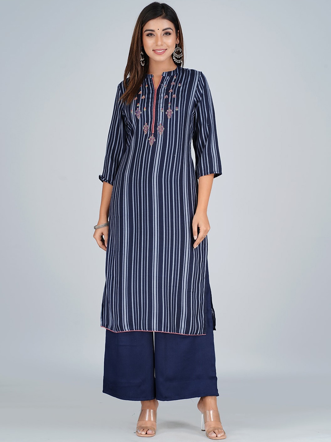 

HERE&NOW Women Navy Blue Striped Thread Work Kurta with Palazzos & With Dupatta
