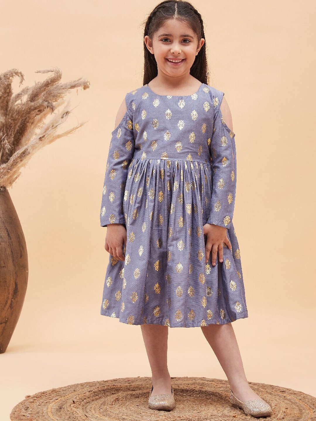 

VASTRAMAY Girls Foil Printed Cold-Shoulder Fit and Flare Ethnic Dress, Grey