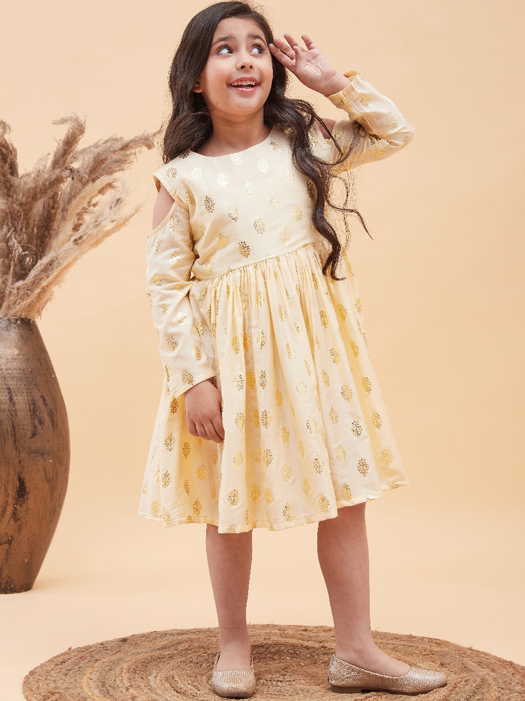 

VASTRAMAY Girls Foil Printed Cold-Shoulder Fit and Flare Ethnic Dress, Cream