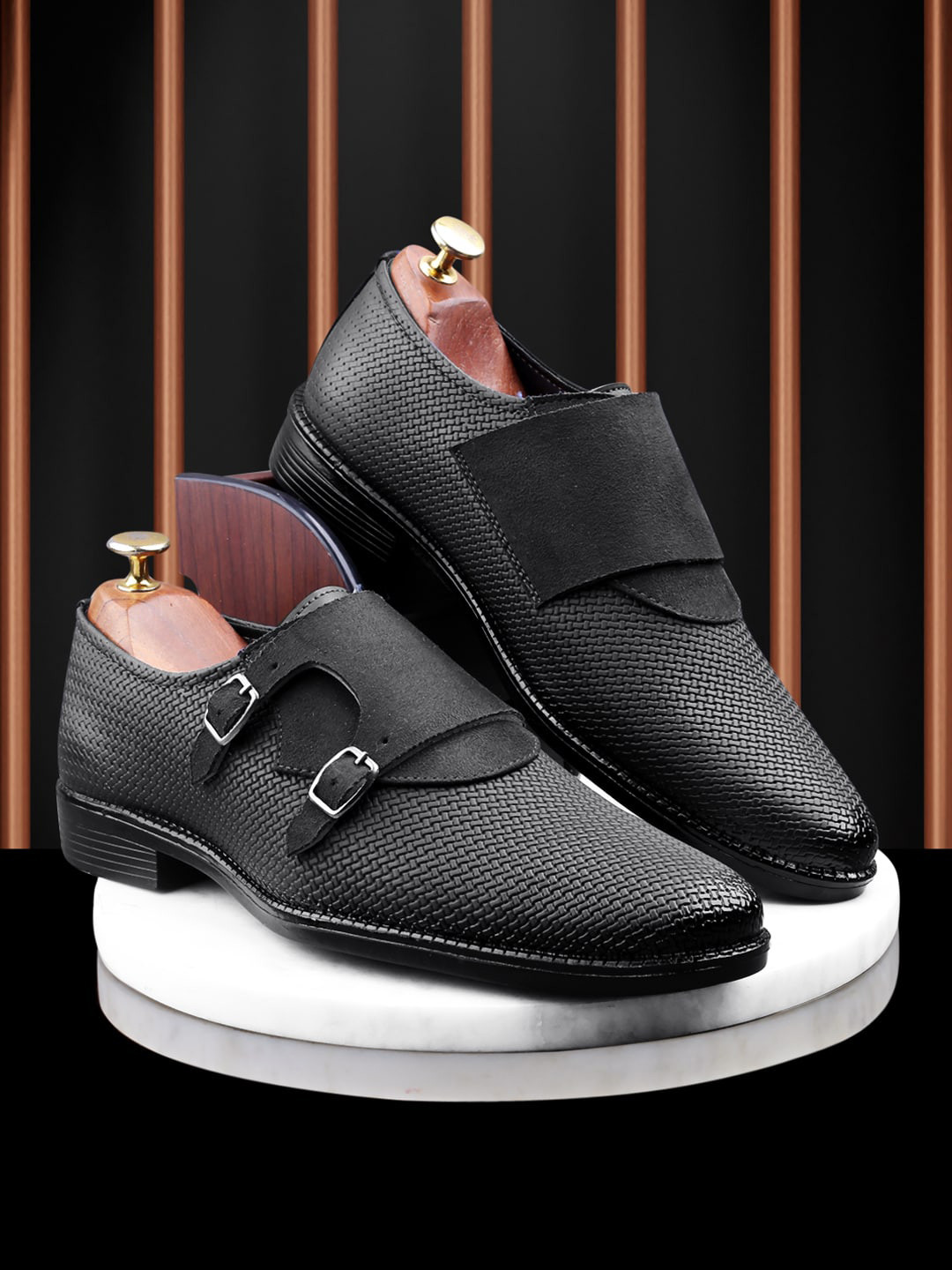 

FOUR STAR TRUCK SALES Men Textured Formal Monk Shoes With Buckle, Black