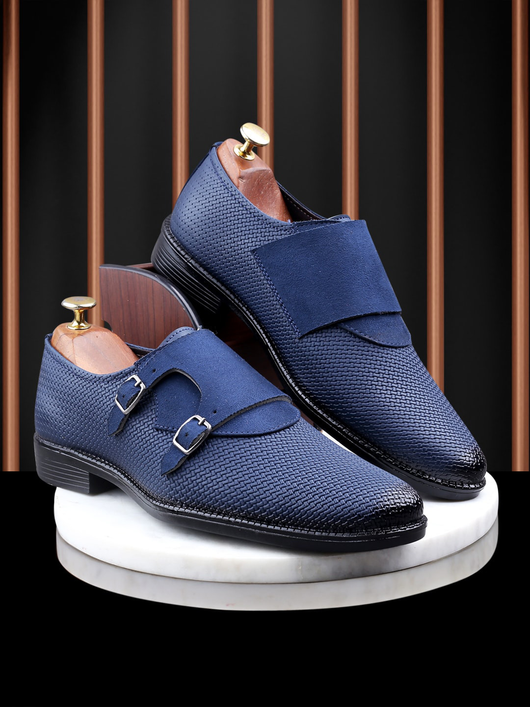 

FOUR STAR TRUCK SALES Men Textured Formal Monk Shoes Wit Buckle, Blue