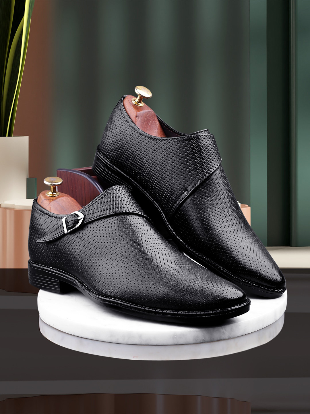 

FOUR STAR TRUCK SALES Men Textured Formal Monk Shoes, Black