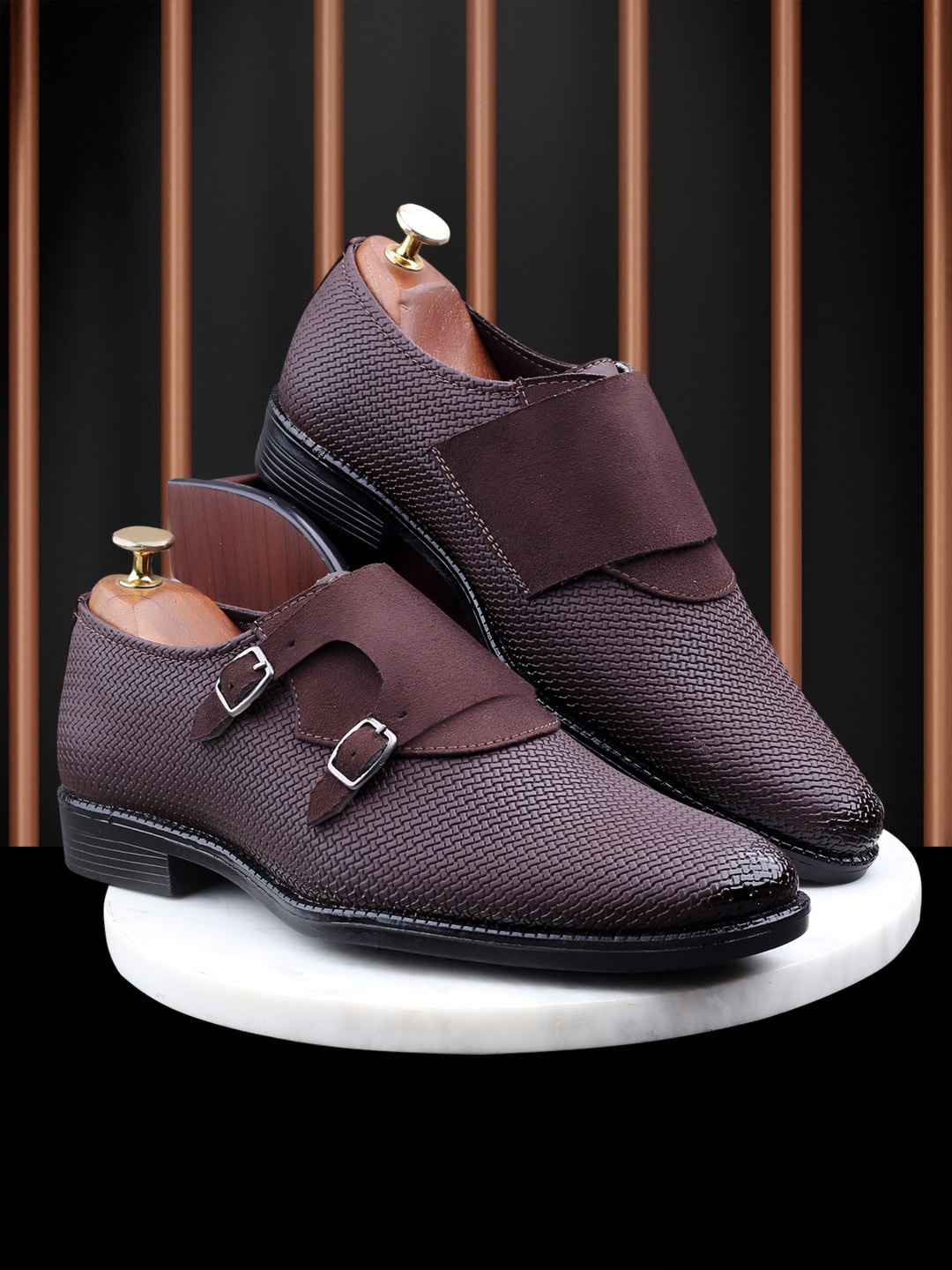 

FOUR STAR TRUCK SALES Men Textured Round Toe Formal Monks Shoes, Brown