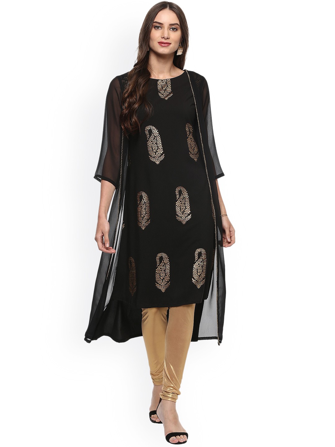 

Janasya Women Black Printed Layered A-Line Kurta