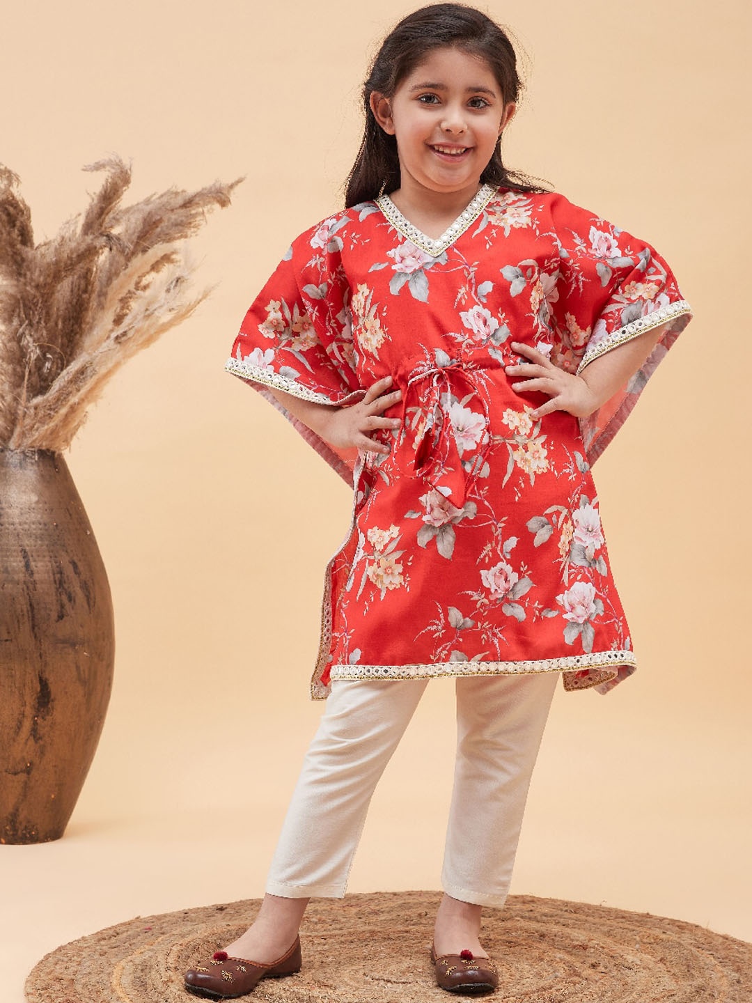 

VASTRAMAY Girls Floral Printed Mirror Work Kaftan Kurta with Trousers, Coral