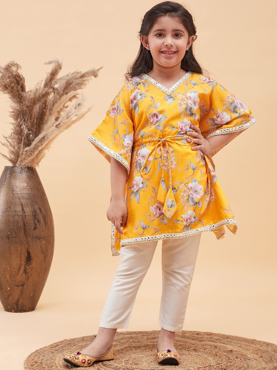 

VASTRAMAY Girls Floral Printed Mirror Work Kaftan Kurta with Trousers, Yellow