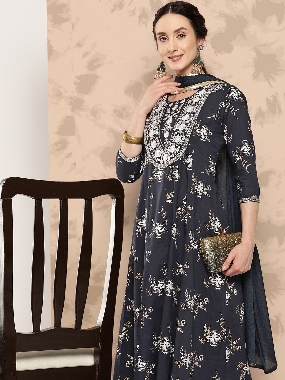 

Yufta Women Navy Blue Floral Embroidered Regular Chikankari Pure Cotton Kurta with Trousers & With Dupatta