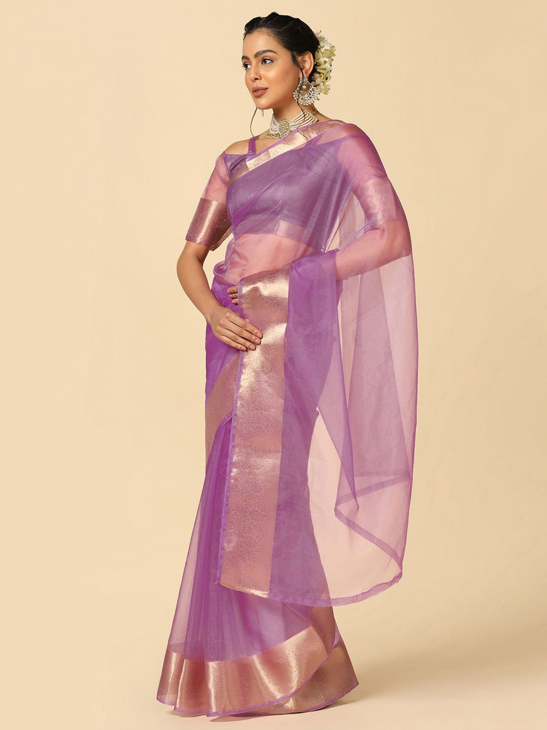 

Mitera Zari Woven Design Border Organza Saree, Purple