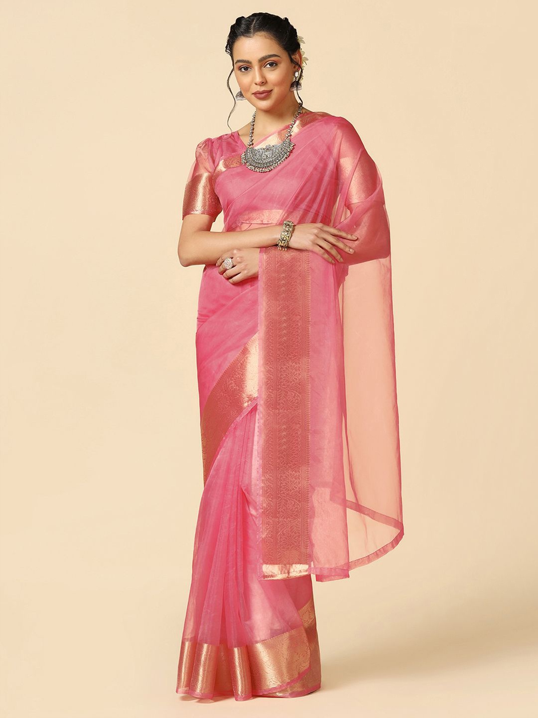 

Mitera Woven Design Border Zari Organza Saree, Pink