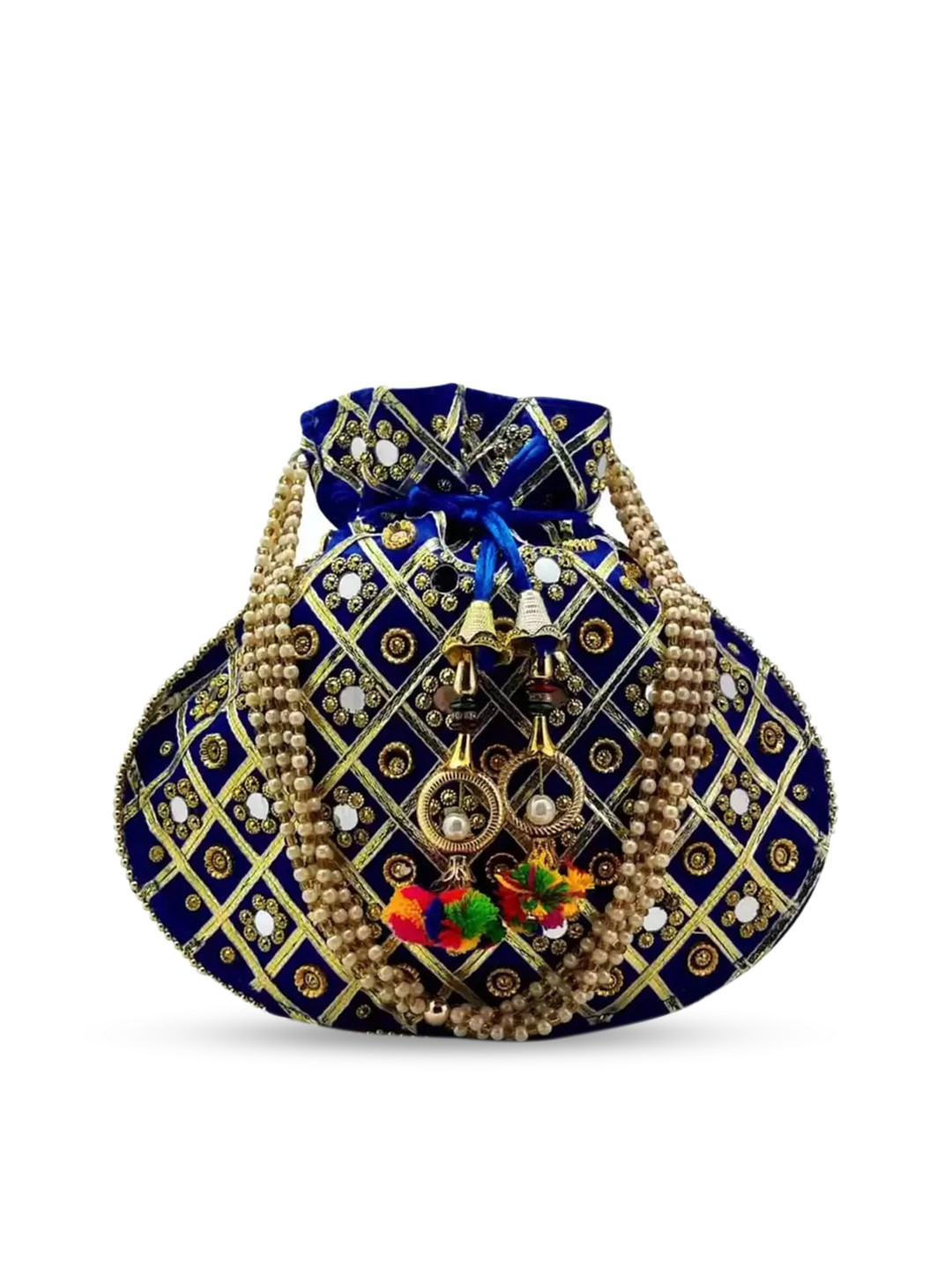 

DN Creation Embroidered Embellished Half Moon Potli Bag, Blue