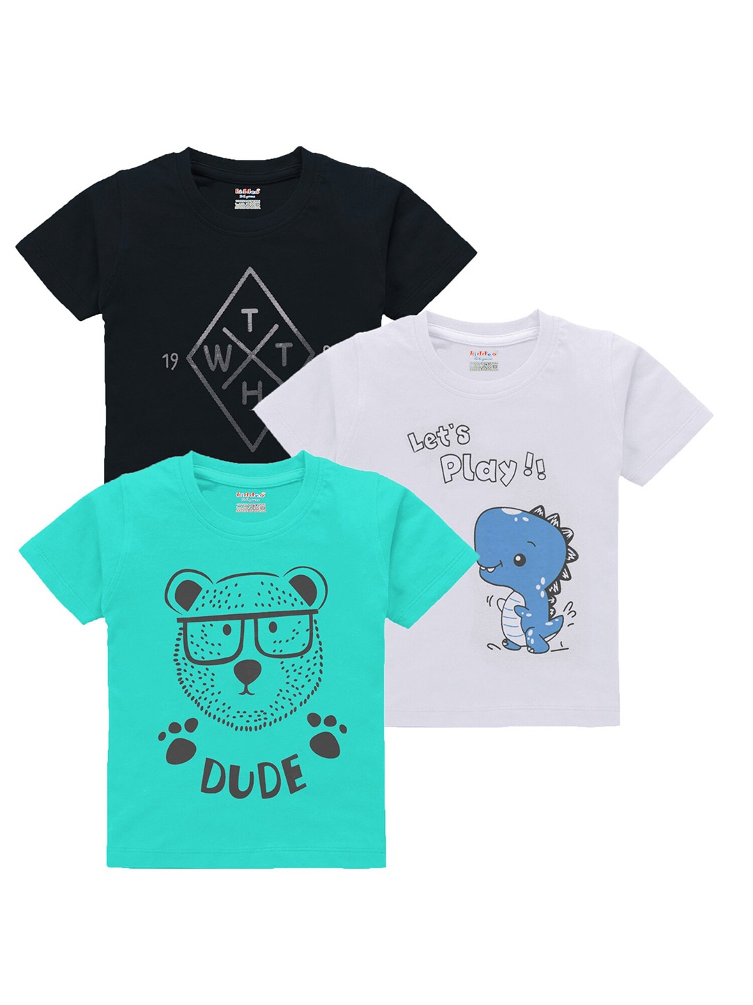 

Kiddeo Boys Pack Of 3 Printed Cotton T-shirt, Turquoise blue