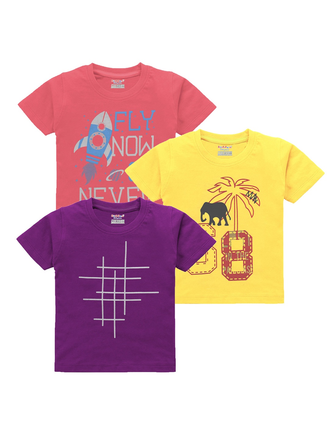 Kiddeo Boys Pack Of 3 Typography Printed Cotton T-shirt, Pink