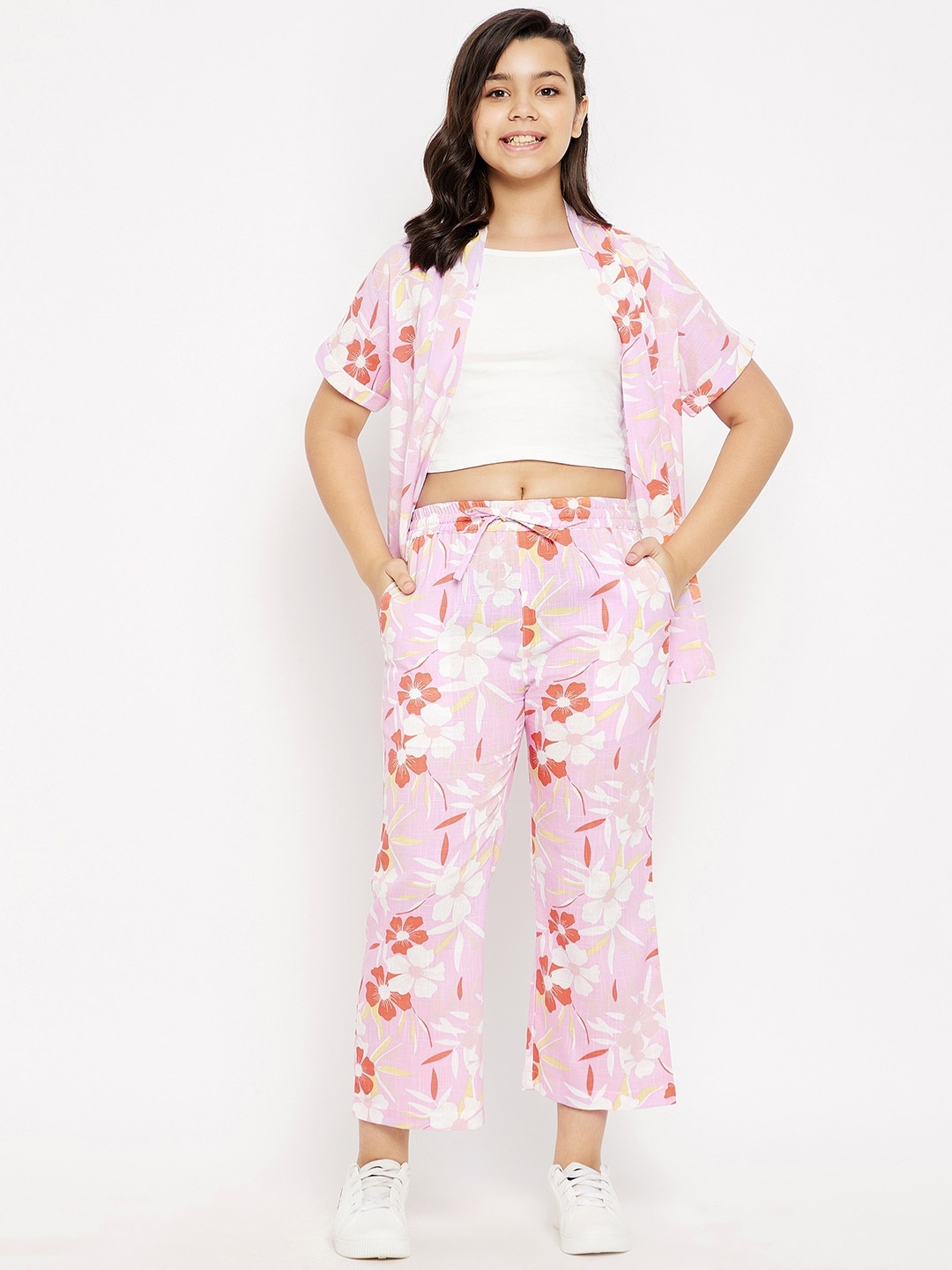 

luyk Teens Girls Floral Printed Pure Cotton Solid Trousers With Shrug, Pink