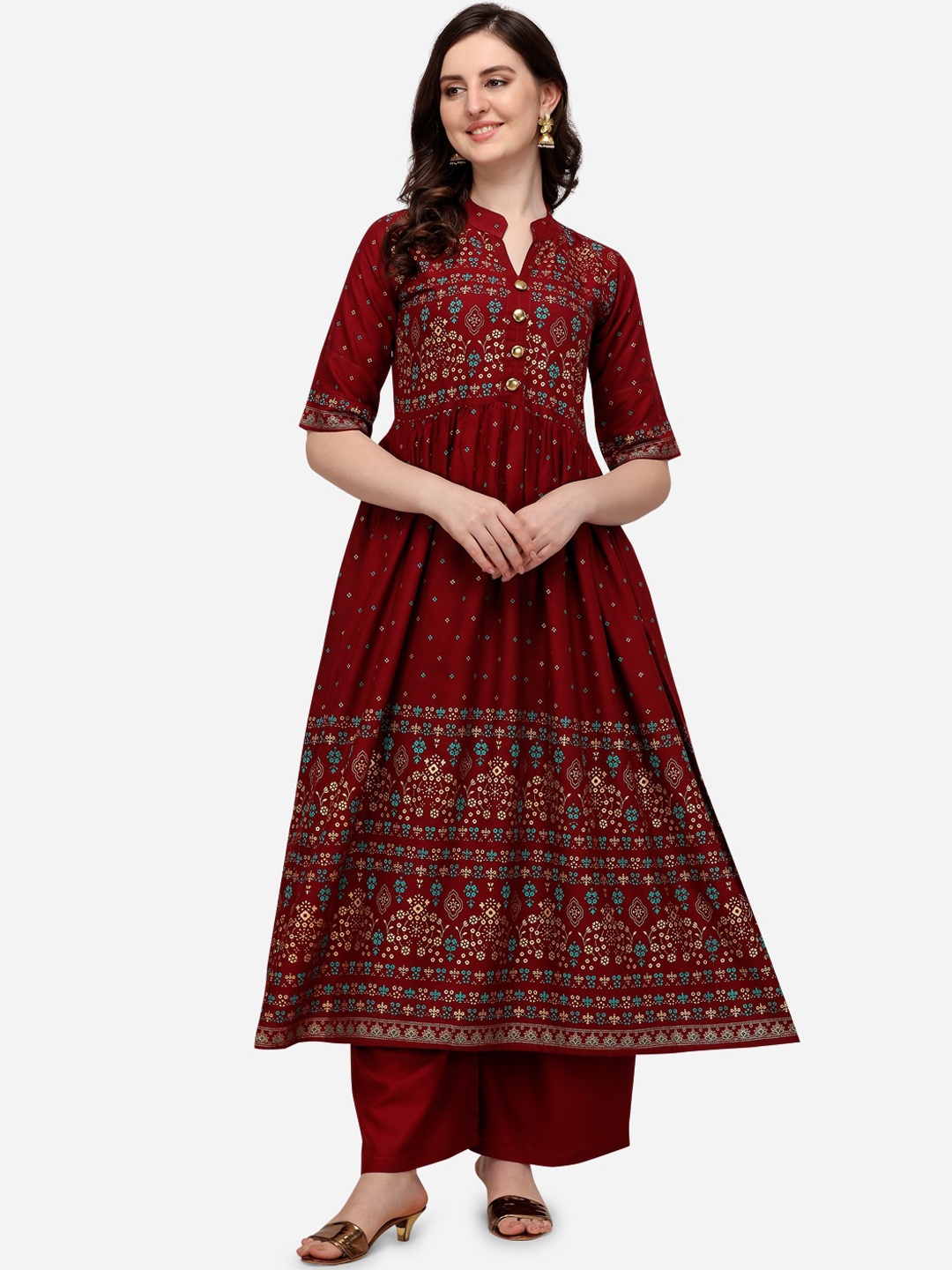 

Florence Ethnic Motifs Printed Band Collar Anarkali Kurta, Maroon