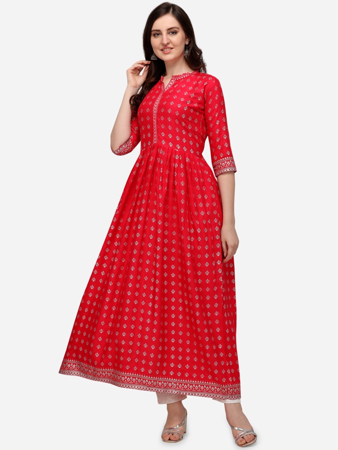 

Florence Ethnic Motifs Printed Band Collar Anarkali Kurta, Pink