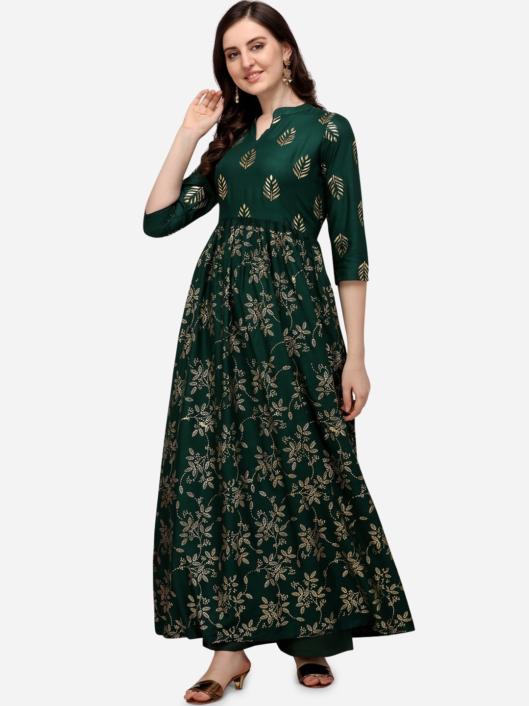

Florence Floral Printed Band Collar Anarkali Kurta, Green