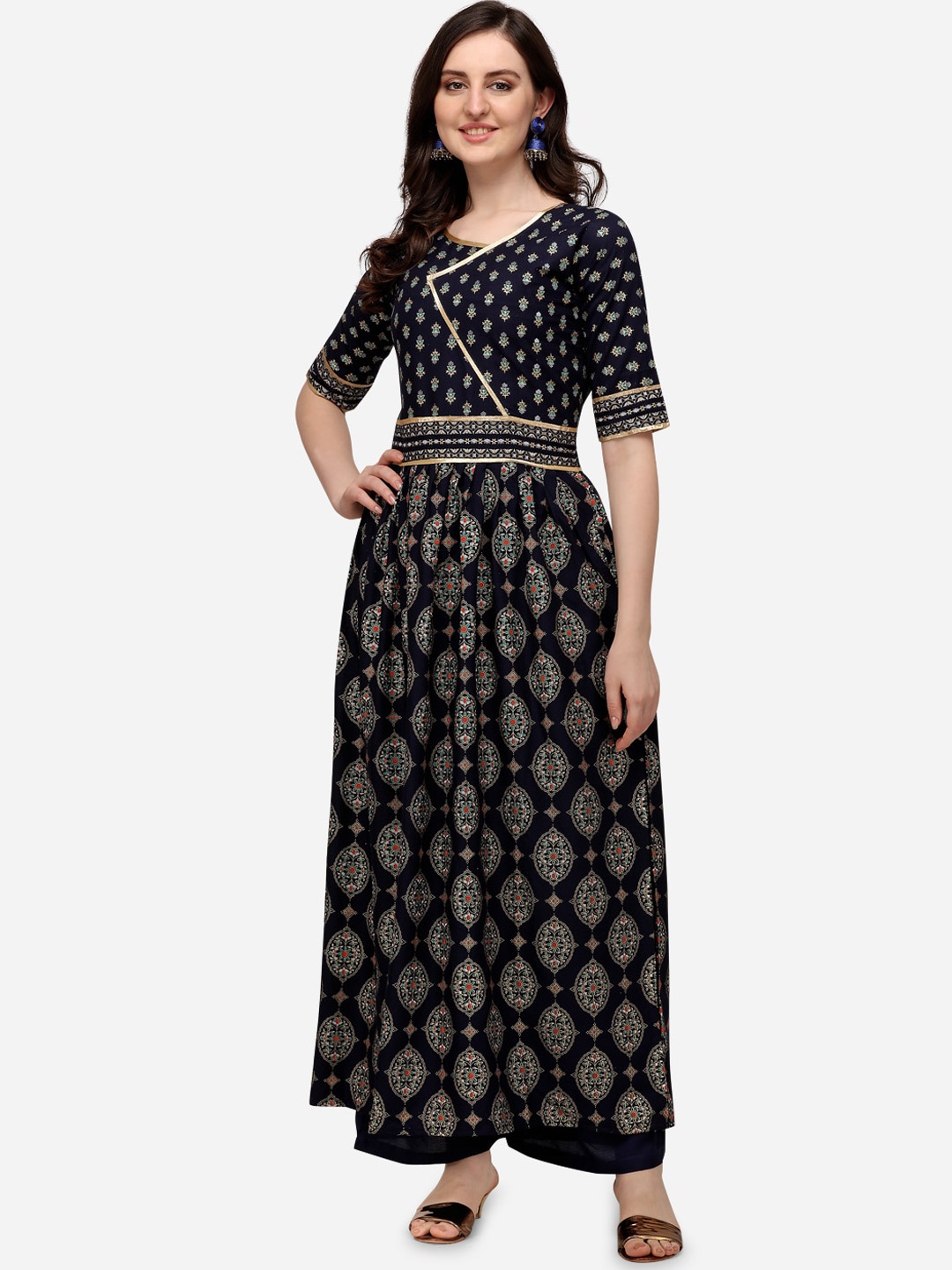 

Florence Ethnic Motifs Printed Foil Print Anarkali Kurta, Navy blue
