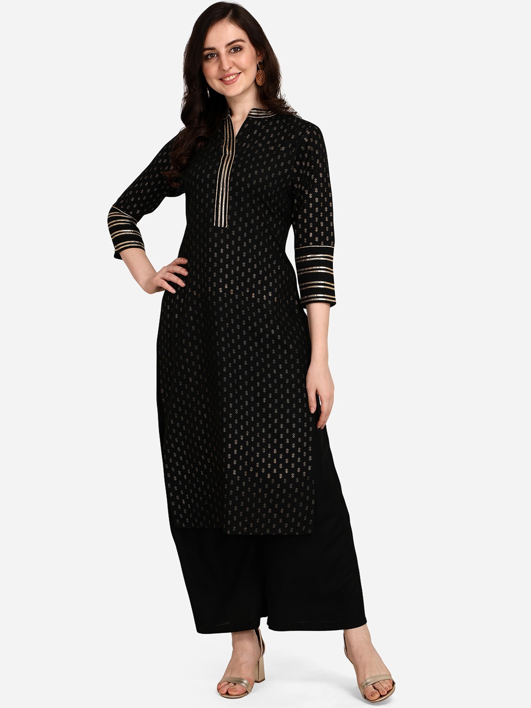 

Florence Geometric Foil Print Straight Pure Cotton Kurta, Black