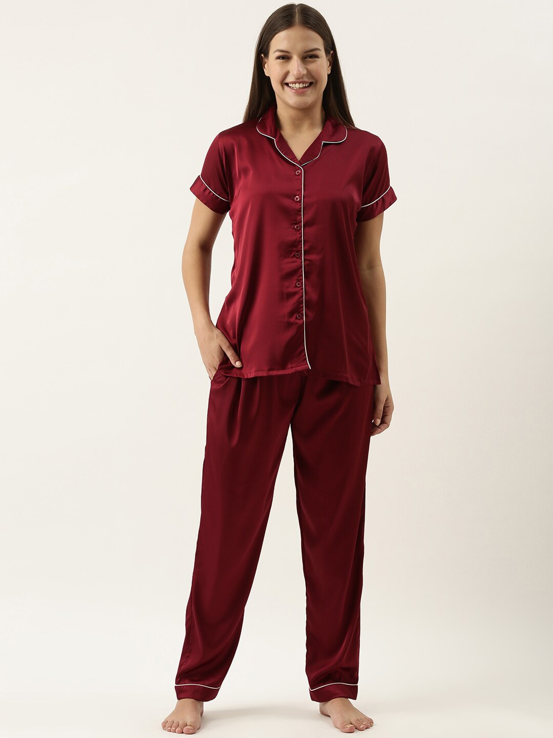 

NOIRA Satin Night Suit, Maroon