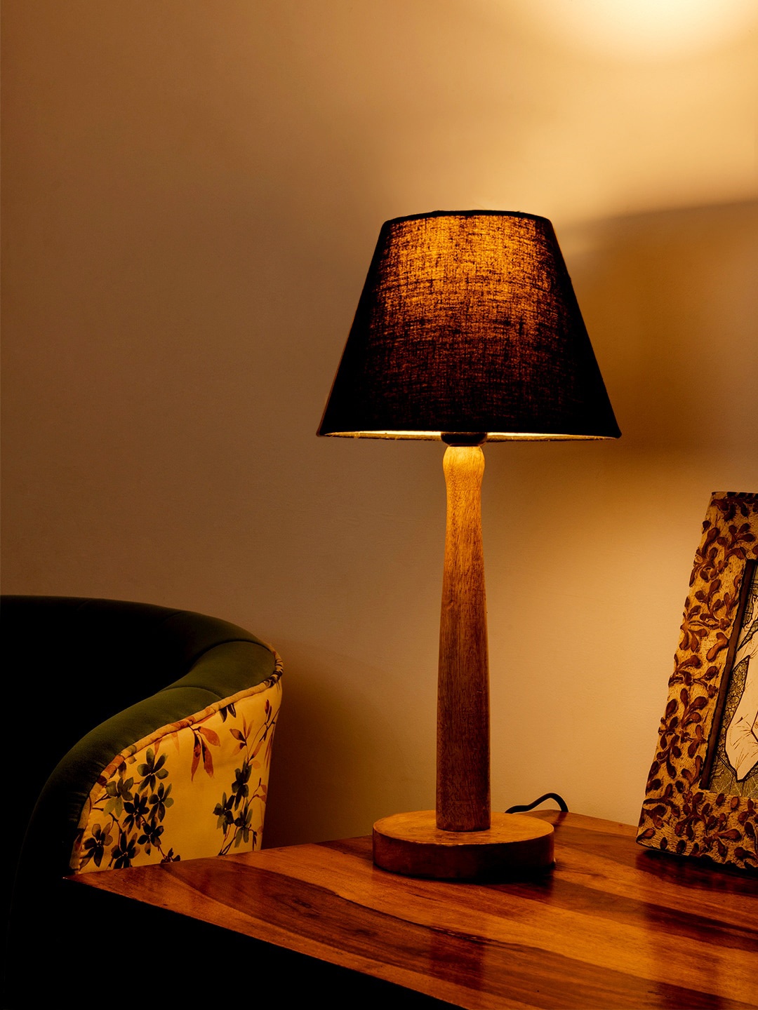 

green girgit Black & Beige Wooden Table Lamp With Taper Cotton Shade