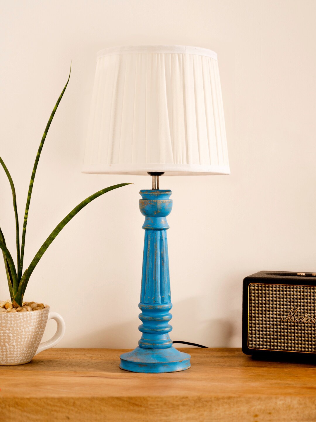 

green girgit Blue & White Textured Wooden Table Lamp With Pleated Shade